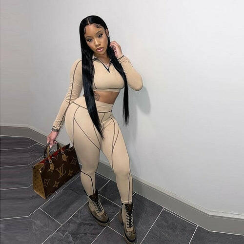 Women Long Sleeve Sexy Crop Top and High Waist Leggings Two-piece