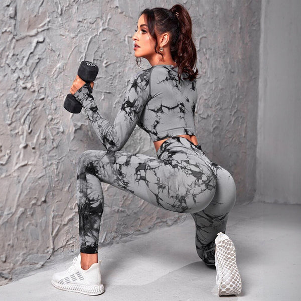 Women's Seamless Printed Crop Top + Long Sport Pant Set