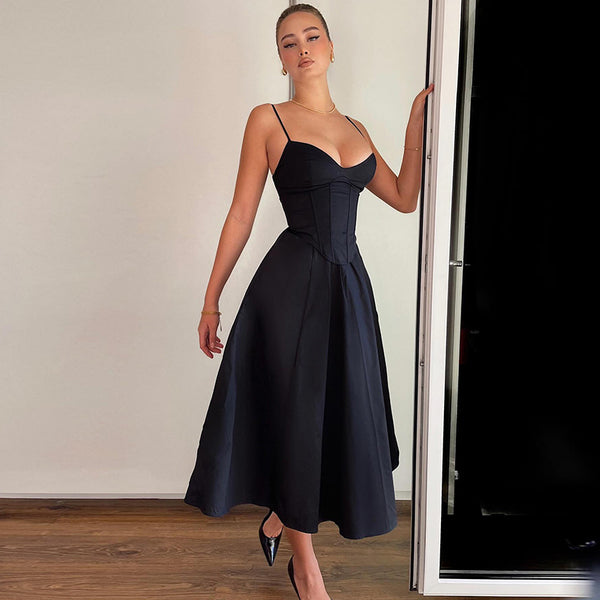 Women's Split Waist Slimming Slip V-neck Backless Midi Dress