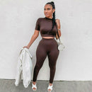 Women Solid Crop Top and Leggings Sports Two-piece Set