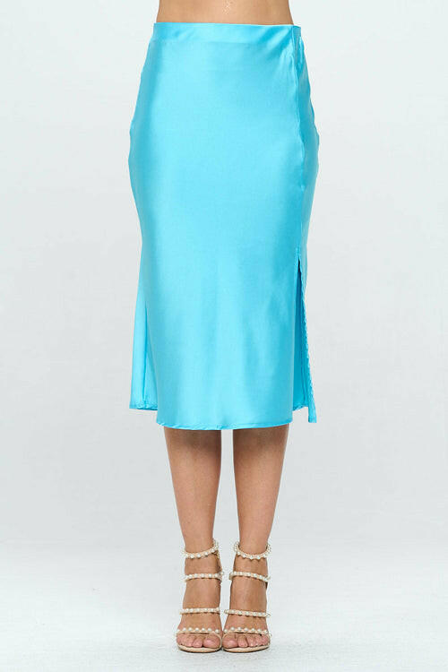 Solid Satin Midi Skirt with Slit