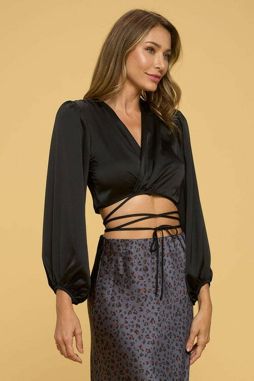 Silky Satin Wrap Crop Top with Tie