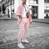 Summer Mens Hip Hop Outfits Short Sleeve Lapel Cardigans And Solid Color Pants Two Piece Suits Men Streetwear Fashion Pink Sets