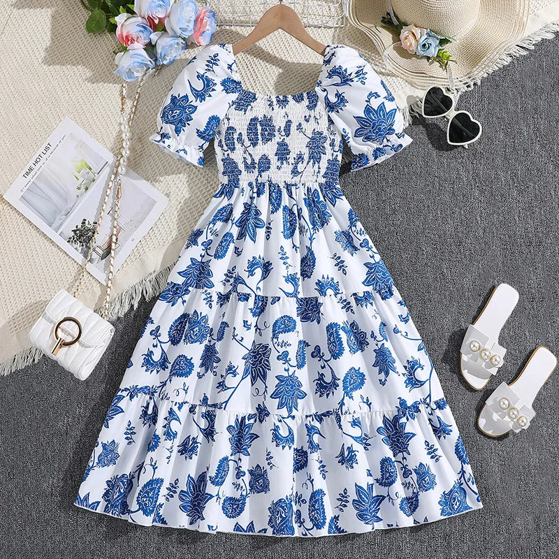 Girls Blue Flower Loose Classic Dress