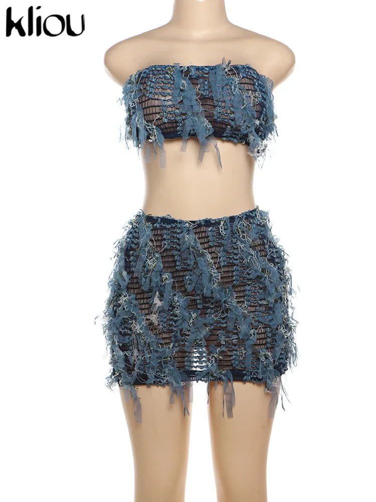 Women's Stacked Crochet Wrapped Chest Crop Top+Sheer Slim Mini Skirts