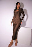 Women's Hollow Out Long Sleeve Metal Buckle Ruched Slit Long Dress