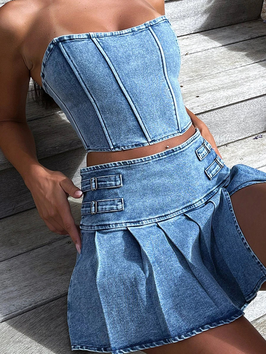 Women s 2 Piece Jeans Outfit Summer Sleeveless Off Shoulder Denim Tank Crop Top Pleated Denim Skirt Set