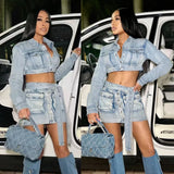 Denim Jackets Jean Dress 2 Piece Skirt Sets Winter Outfit Y2K Streetwear Denim Jean Dress Sexy Crop Tops Jackets Two Piece Set