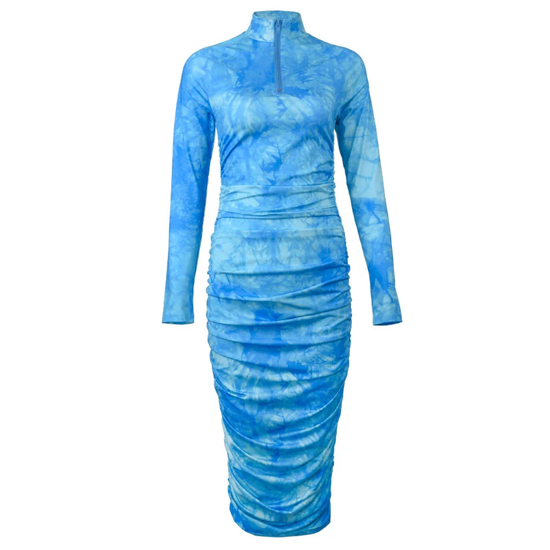 Women's Sky Blue Tie Dye Mock Neck Zippered Long Sleeves Ruched Dress