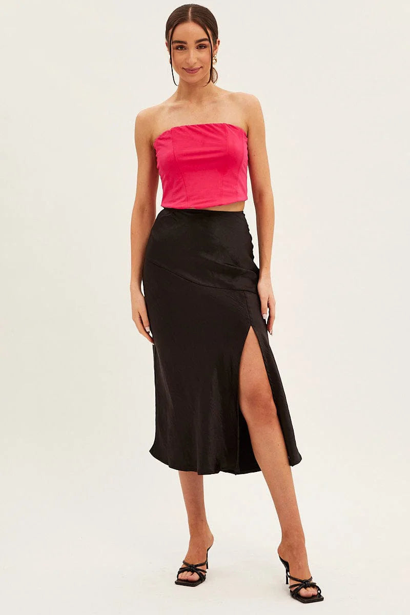 High Waist Glossy Satin Midi Skirt