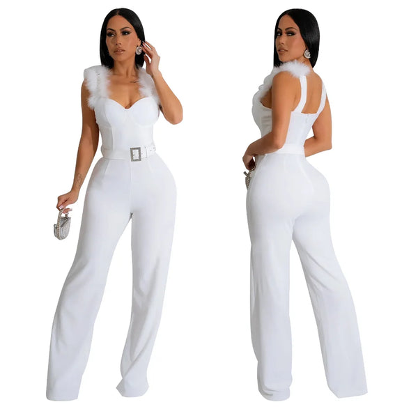 Women's Fur Shoulder with Belt Jumpsuit