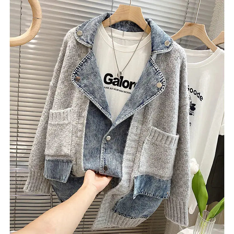 2023 New Autumn Winter Women Women’s Splicing Long Sleeve Denim Jacket