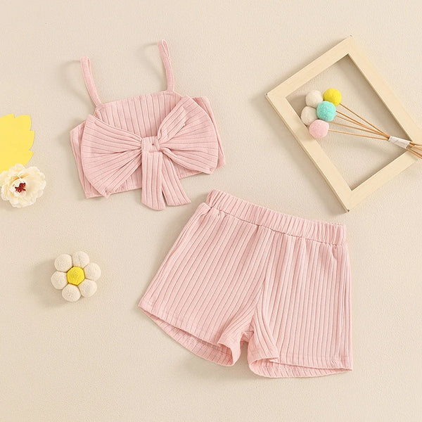 Girls Bowknot Sleeveless Crop Tops And Ribbed Shorts Co-Ord