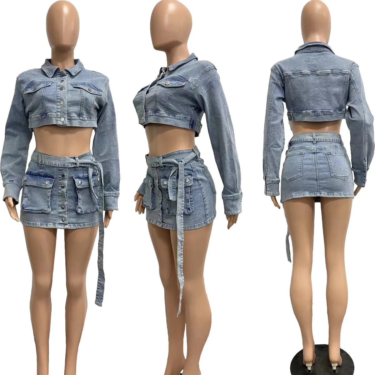 Denim Jackets Jean Dress 2 Piece Skirt Sets Winter Outfit Y2K Streetwear Denim Jean Dress Sexy Crop Tops Jackets Two Piece Set