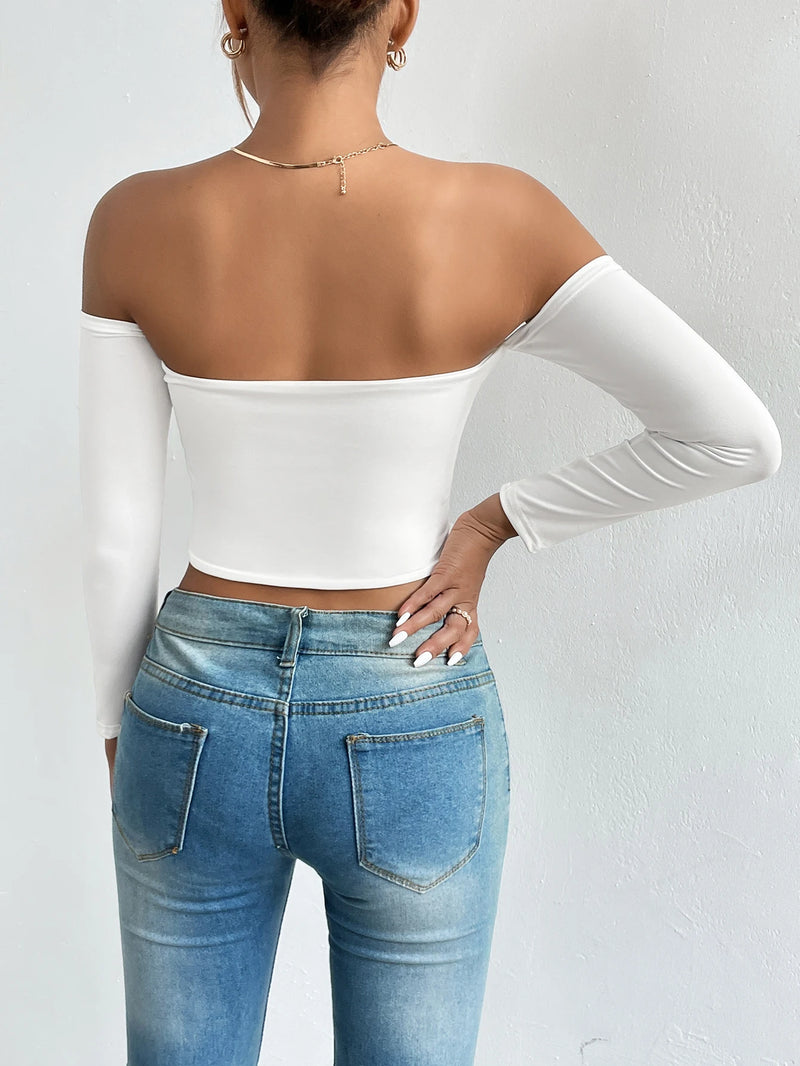 Women Off Shoulder Crop Long Sleeve Top