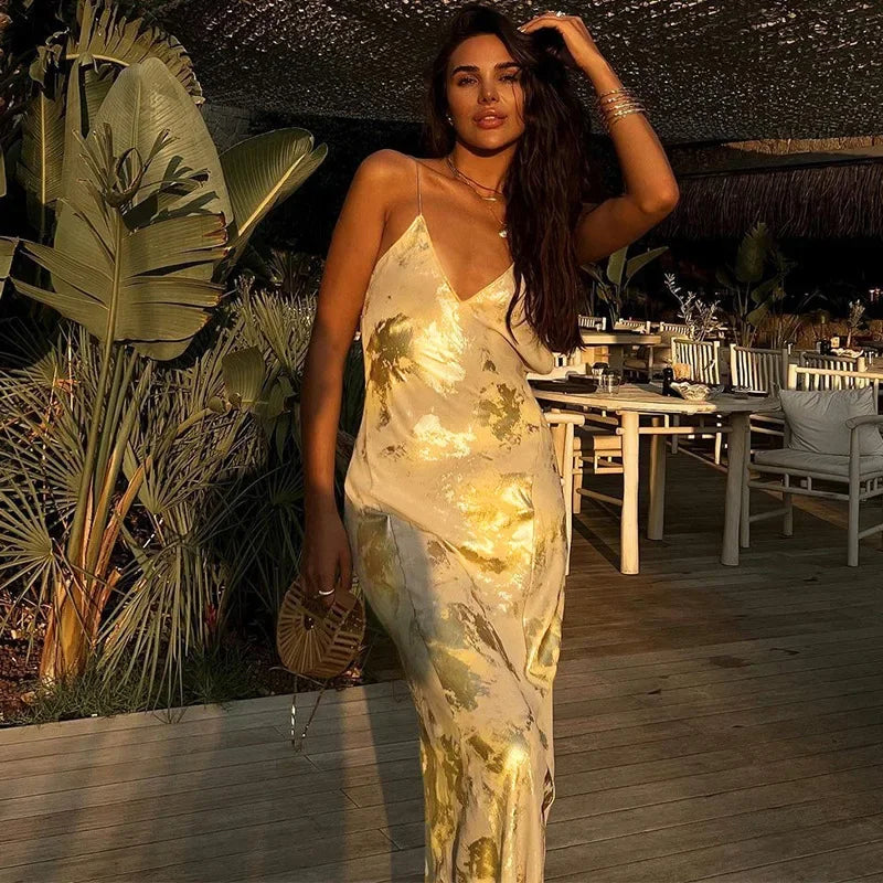 Women’s Backless Gold Bodycon Maxi Dress