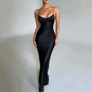 Women's Spaghetti Strap Satin High Waist Tunics Backless And Lace-up Tight Long Dress