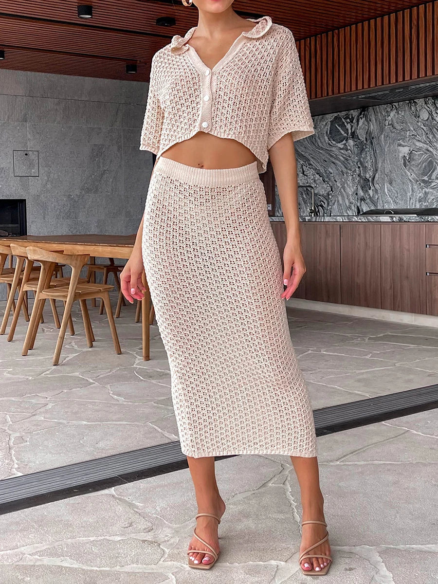 Women 2 Piece Crochet Knit Long Skirt + Top Cover Up Sets