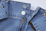 Women's Denim Strapless Belt Crop Top And Zip Up Button Skirt