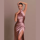 Women's Long  Halter Backless Ruched High Split Bodycon Maxi Dress