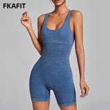 Women's Yoga Jumpsuits Ribbed One Piece Padded Tank Tops Rompers Sleeveless Acid Wash Activewear Unitard Sexy Bodycon