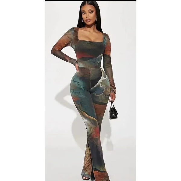 Women's Mesh Printed Long Sleeve Square Collar Jumpsuit