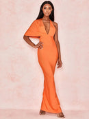 Women's Orange Bandage Drape Asymmetric Sleeve Deep V Neck Stretchy Bodycon Maxi Dress