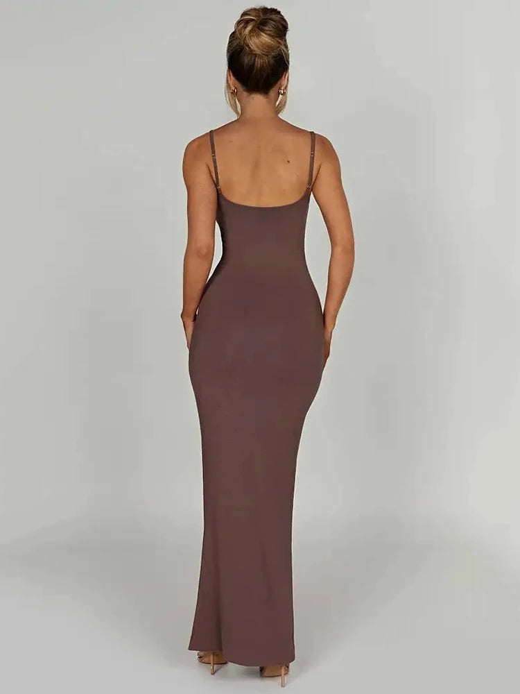 Women's Thickened Fabric Sleeveless Spaghetti Strap Backless Bodycon Maxi Dress