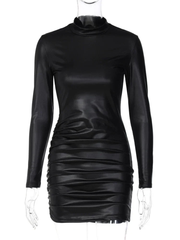 Women's Slim Bodycon with Long Sleeves and Imitation Leather Folds Dress