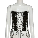 Women's Solid PU Leather Corset And Hollow Out Lace-Up Top