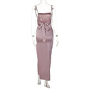 Women's High Slit Pink Long Backless Satin Dress