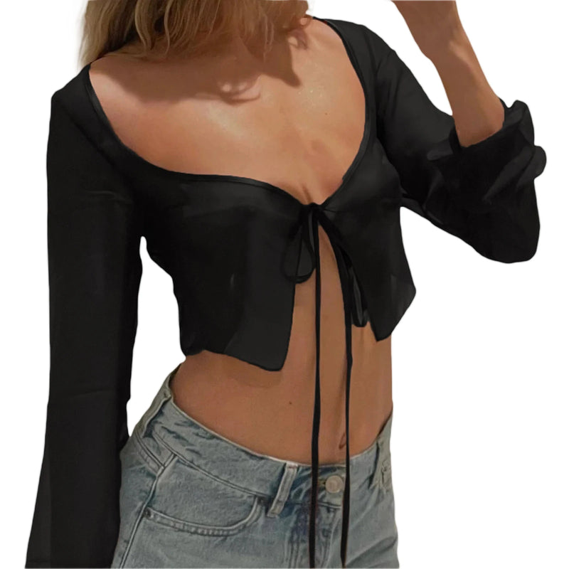 Women's Crop Long Sleeve See Through Solid Color Tie-Up Top