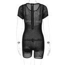 Women's Solid Knitted Short Sleeve Zip Up Bodycon Skinny One Piece Playsuit