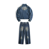 Men's Washed Denim Suit High Street Turndown Collar Single Breasted Jacket Long Straight Jeans Loose Cowboy Two-piece Sets