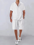 Men's Stand collar Short Sleeve And Short Pant Cotton Linen  Set