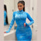 Women's Sky Blue Tie Dye Mock Neck Zippered Long Sleeves Ruched Dress