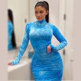 Women's Sky Blue Tie Dye Mock Neck Zippered Long Sleeves Ruched Dress