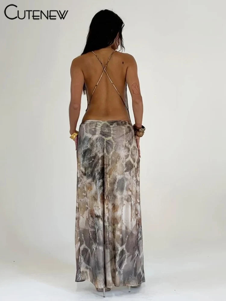 Women's Backless Tie Dye Swinging Neck Cross Strap High Side Split Long Bodycon Dress