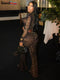 Women's Leopard Print See Through Full Sleeve Crop Tops+Pants Matching Sets