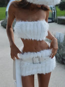 Women's White Fur Strapless Corset Top and Mini Skirt Sets