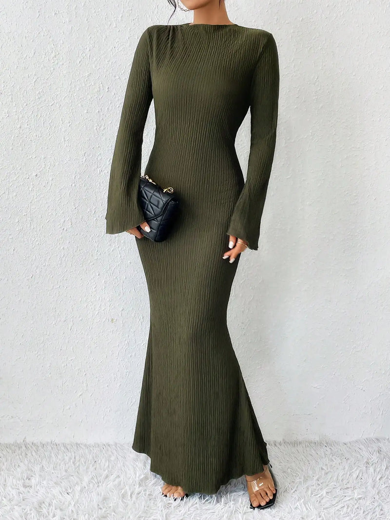 women's Solid Flare Sleeve Crew Neck And Floor Length Slim Dress