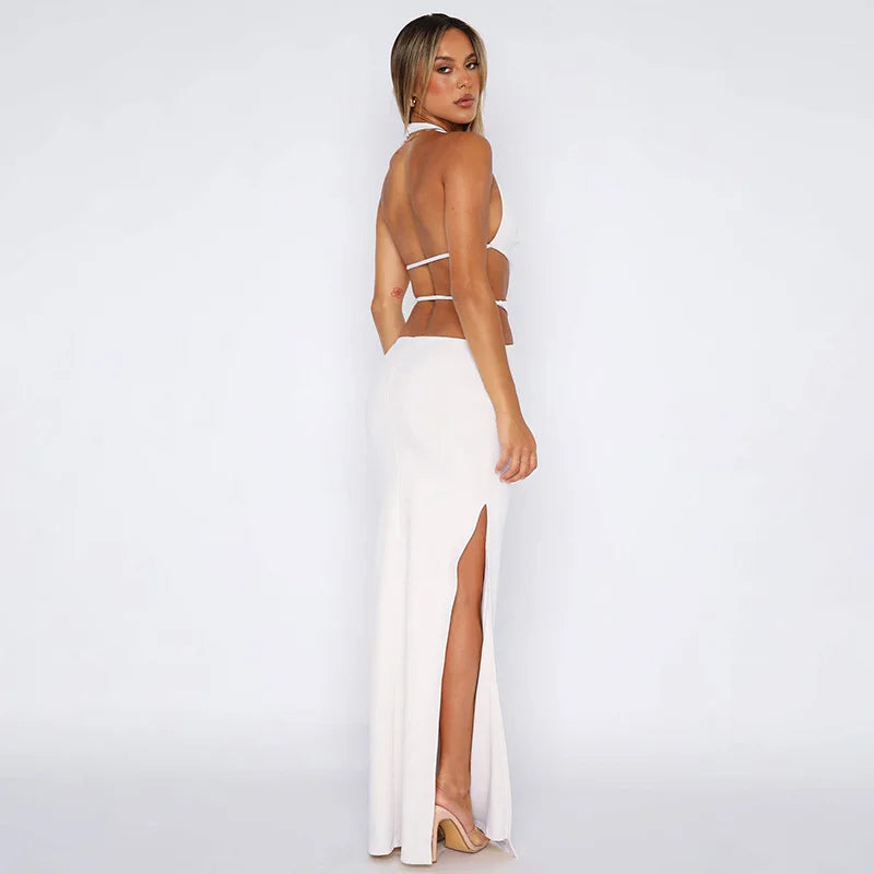 Women's Cut Out Open Back Halter Split Maxi Dress