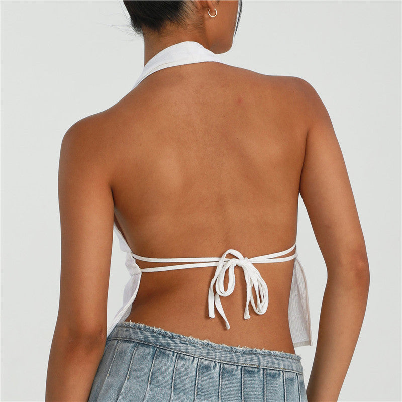 Women's Backless Halter Tank Top with Front Tie and Open Back Slit