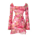 Women's Colorful Hollow Slash Neck Bandage Backless Leopard Print Ruffles bodycon Mini Dess