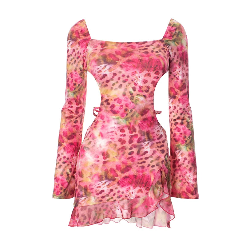 Women's Colorful Hollow Slash Neck Bandage Backless Leopard Print Ruffles bodycon Mini Dess