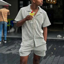 Men's Casual Solid Stripe Loose Shorts-sleeve Shirt And Shorts Two Piece Sets