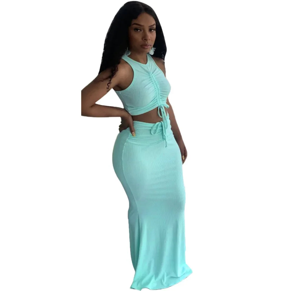 Sets for Women 2 Pieces Skirt Set Outfits O Neck Sleeveless Crop Top Shirring Long Skirt Suit Sexy Maxi Skirt Sets