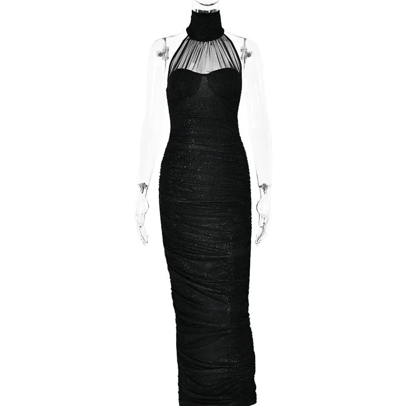 Women's Sparkly Turtleneck Sleeveless Backless Long Maxi Dress