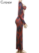 Women's Tie Dye Long Sleeve Hollow Dress With Bra Top