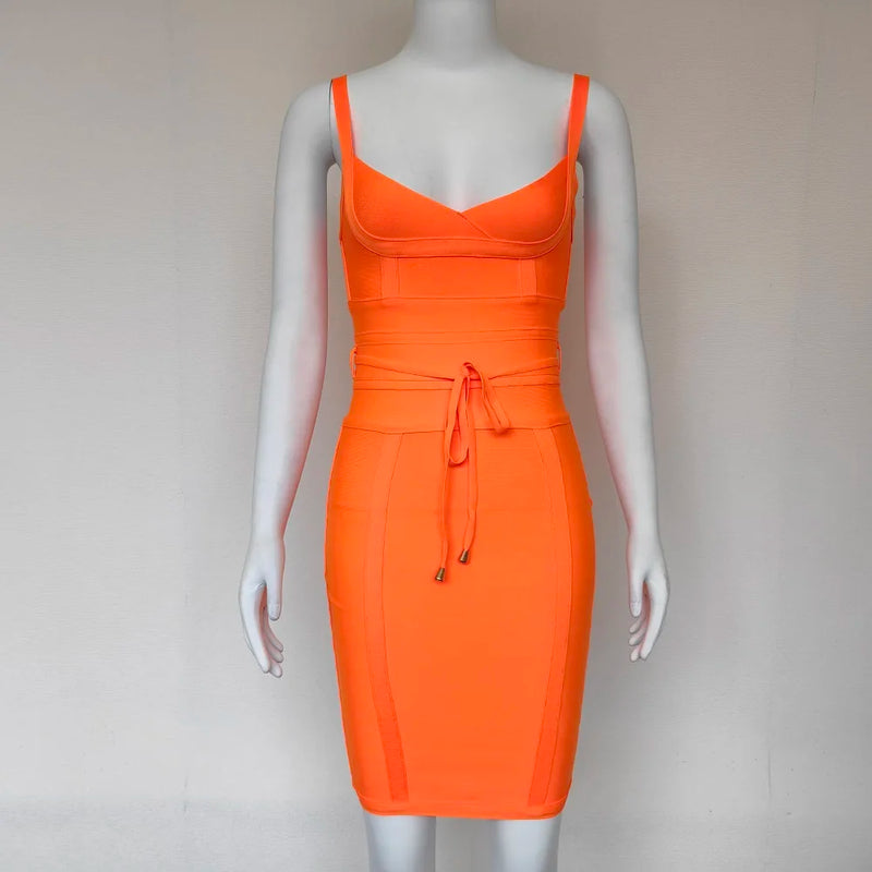 Women's Orange Bandage Sashes Belt Plunge V Bodycon Mini Dress